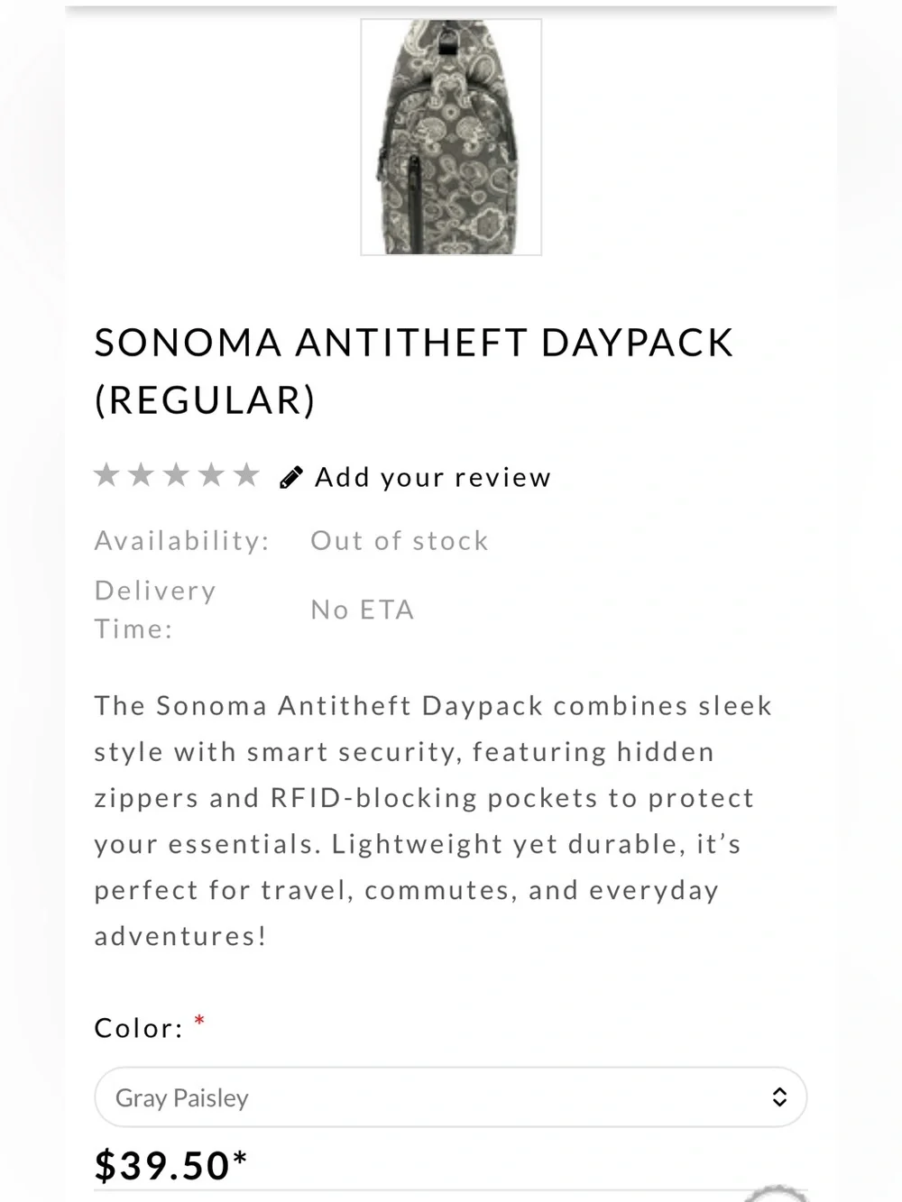 Sonoma Gray Paisley Crossbody Sling Bag